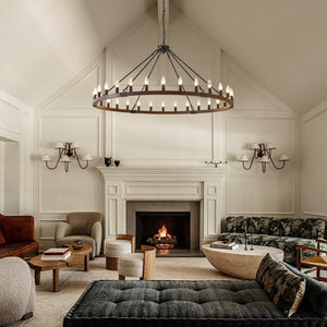 English Elm 53.15 Inch Wagon Wheel Chandelier Wood Matte Black 30 Light Seeded Glass Farmhouse W5008P464800