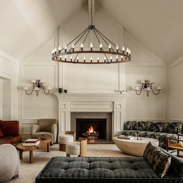 English Elm 53.15 Inch Wagon Wheel Chandelier Wood Matte Black 30 Light Seeded Glass Farmhouse W5008P464800