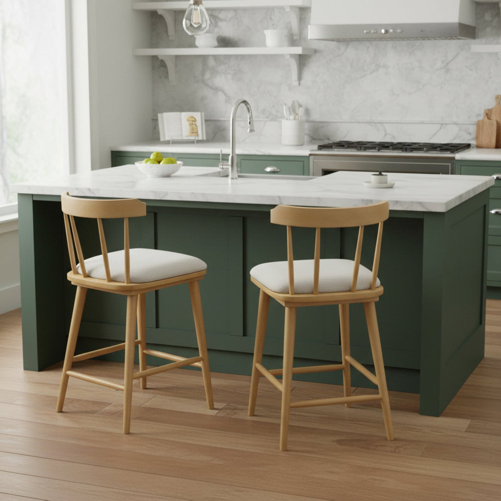 English Elm Christopher Knight Home® - Olivia Set Of 2 Windsor-Style Counter Stools In Natural Wood With Beige Upholstery For Comfort & Style N775P346246N