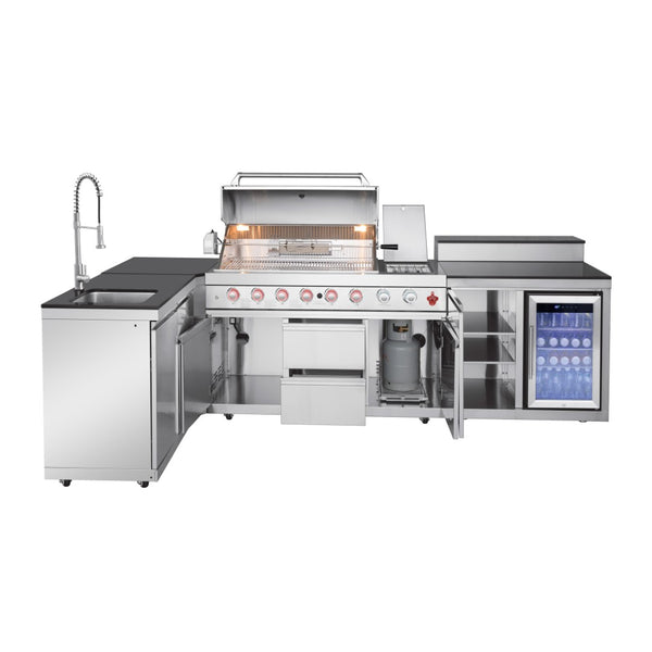 English Elm Outdoor Stainless Steel Grill Island with Sink Refrigerator and Built-in Bar Table W5007S00015