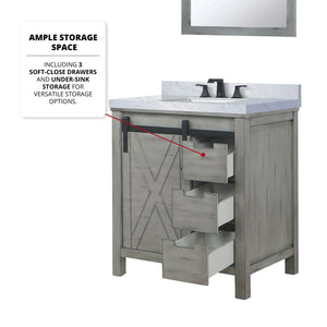 English Elm Ash Grey Bath Vanity 30x22 with White Quartz Top, Matte Black Faucet, 28in Mirror, Scratch-Resistant Finish B2731S01275