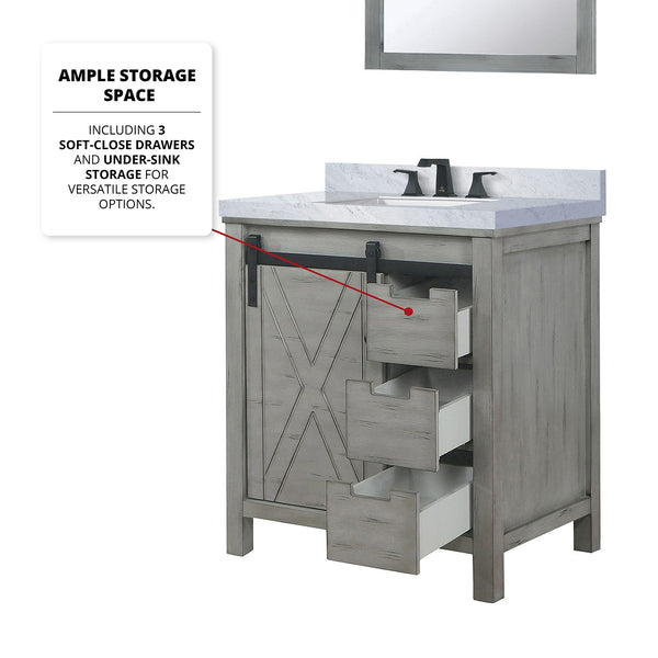English Elm Ash Grey Bath Vanity 30x22 with White Quartz Top, Matte Black Faucet, 28in Mirror, Scratch-Resistant Finish B2731S01275