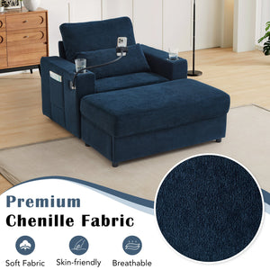 English Elm Modern Multifunctional Armchair with Chaise Lounge, Hidden Ottoman Storage, USB Ports & Cup Holders Blue N719P292700C