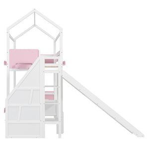 English Elm House-shaped Pine Bunk Bed with Built-in Slide Storage Staircase Twin Over Full Kids Frame White+Pink N820S00082K