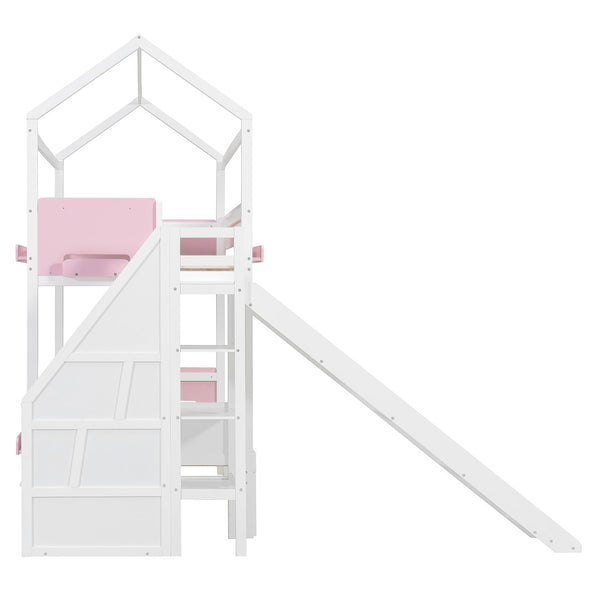 English Elm House-shaped Pine Bunk Bed with Built-in Slide Storage Staircase Twin Over Full Kids Frame White+Pink N820S00082K