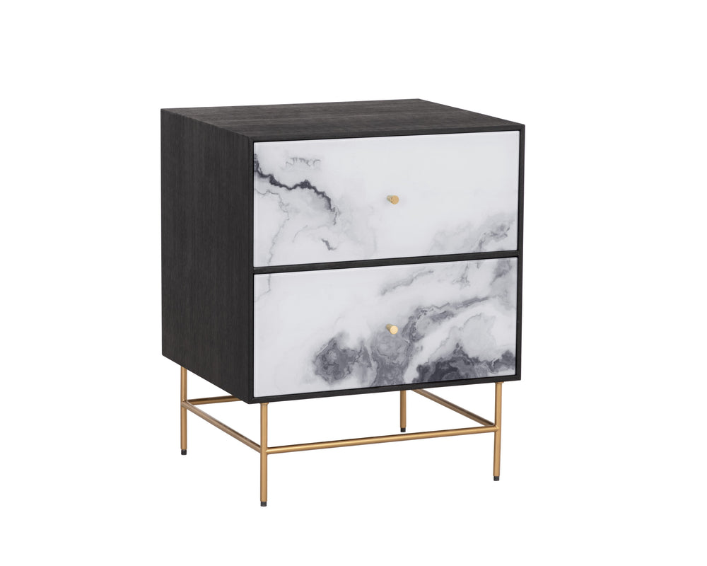 Sunpan Cordero Modern Nightstand with Marble-Effect Drawers, Antique Brass Legs - Stylish Acacia Design