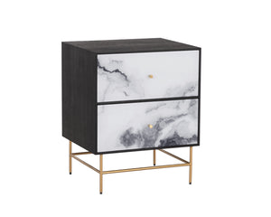 Sunpan Cordero Modern Nightstand with Marble-Effect Drawers, Antique Brass Legs - Stylish Acacia Design