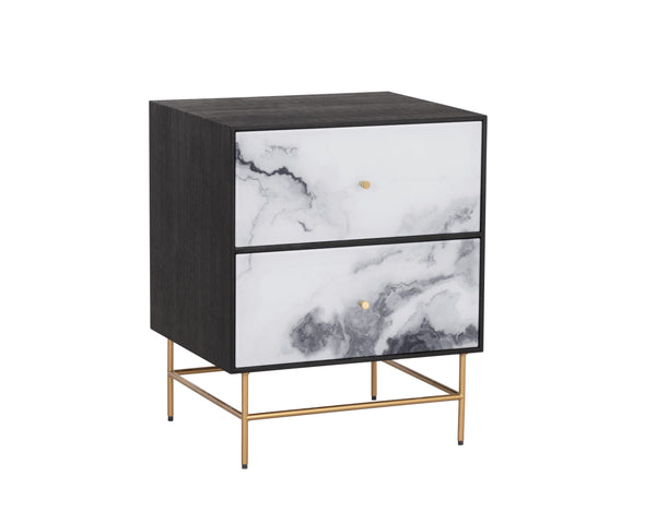 Sunpan Cordero Modern Nightstand with Marble-Effect Drawers, Antique Brass Legs - Stylish Acacia Design