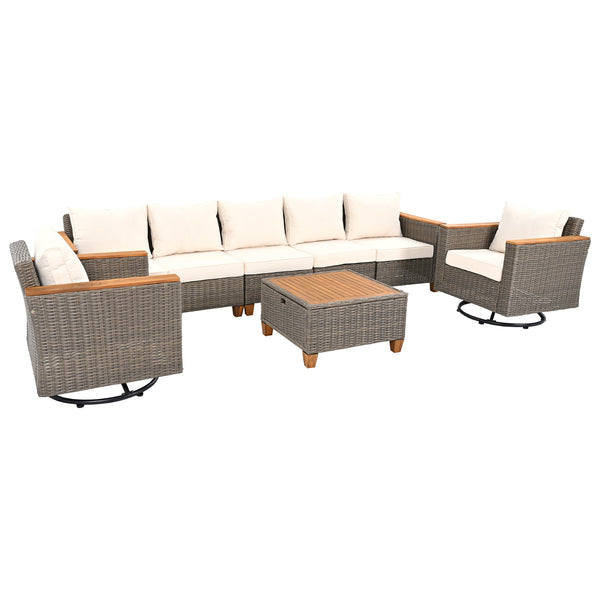 English Elm K&K 8-Piece Wicker Patio Set with 360° Swivel Rockers, Acacia Storage Table, Durable Cushions Beige+Brown N707S000016Z