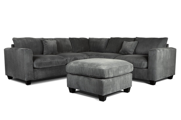 English Elm 4pc Corduroy Sectional Sofa Set with Ottoman Corner Wedge and Low-profile Modern Legs Dark Gray B011S02226