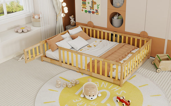 English Elm Full Size Floor Bed With Safety Guardrails, Eco-Friendly Rubber Wood, Minimalist Design & Easy Access W504P286380