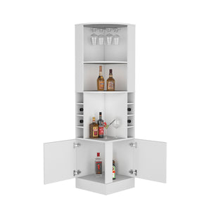 English Elm Kava Corner Bar Cabinet White with Glass Rack & Double Doors, 8-Bottle Built-In Wine Storage and MDF B200S00423