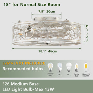 English Elm 18-inch Vintage Caged Ceiling Fan Light with Remote Control, Quiet DC Motor, Industrial Iron Design White W2312P374991