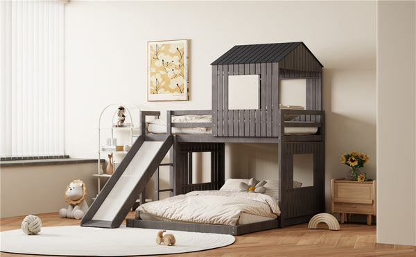 English Elm Wooden Twin Over Full Bunk Bed Farmhouse Playhouse Slide Pinewood Kids Loft LT000328AAE