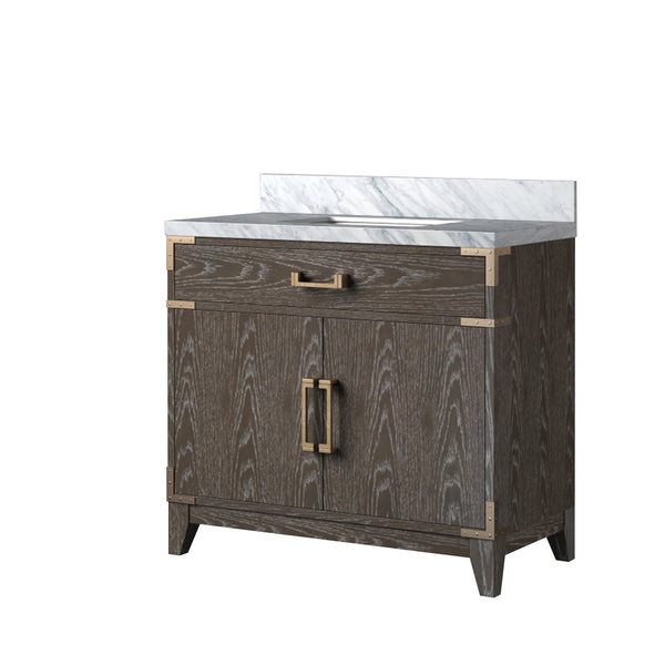 English Elm Brown Oak Single Bath Vanity With Carrara Marble Top, Elegant Design, Soft-Close Doors & Storage Solutions B2731P259775
