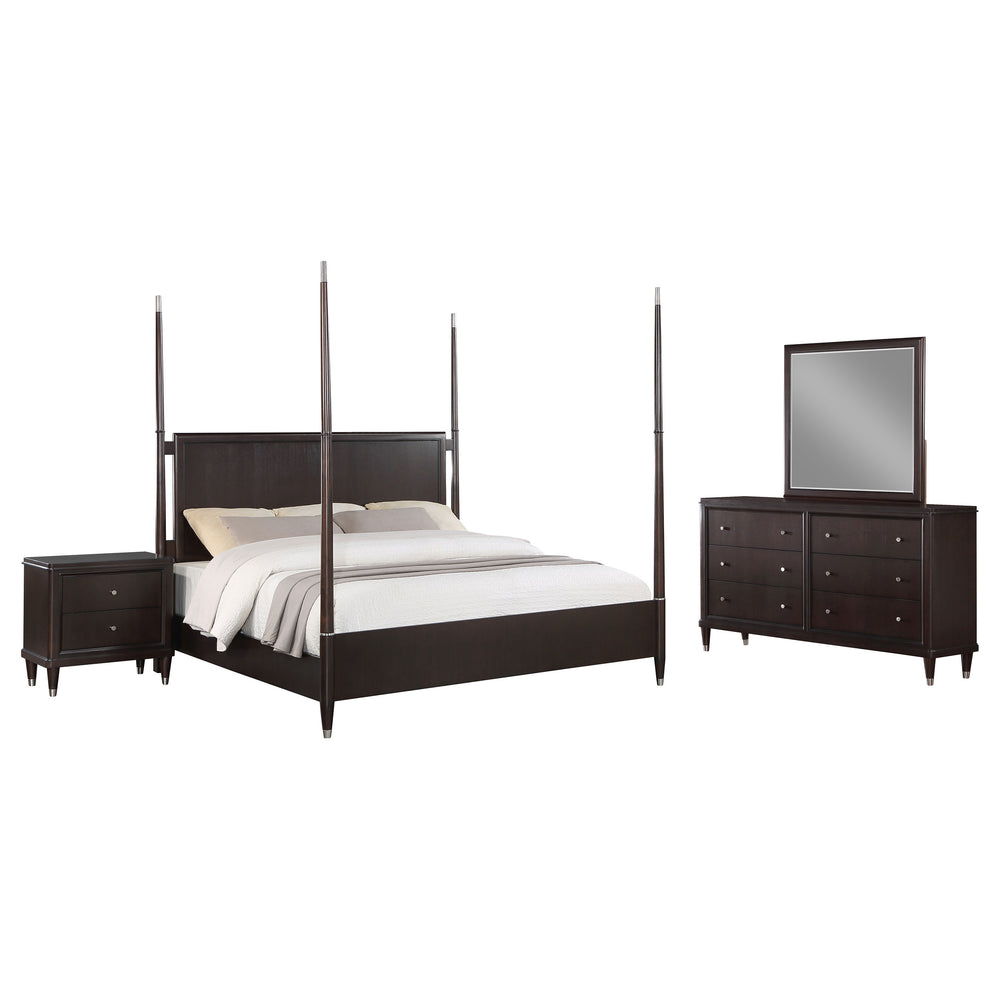 English Elm Niguel Brown 4-Piece Poster Bedroom Set – Elegant Design, Generous Storage & Timeless Style For Your Retreat B062S01134