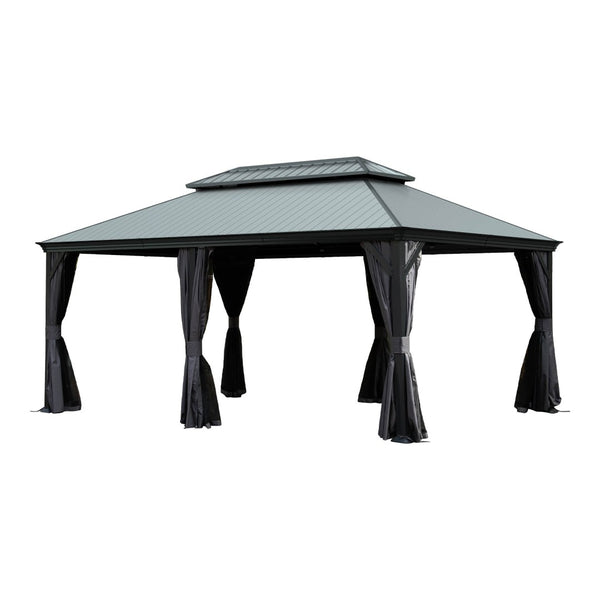 English Elm 12'x18' Hardtop Gazebo Dual Roof Steel Frame Permanent Patio Pavilion with Netting W1859S00187
