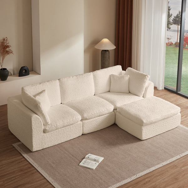 English Elm 110" Cloud Sectional Sofa Modular L-Shape with Ottoman, Chenille Fabric, Deep Seats, 7 Pillows Included Beige W1359S00014
