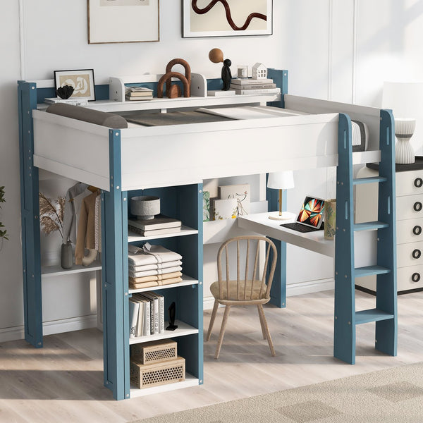 English Elm Full Size Wood Loft Bed With Desk, Storage Shelves & Clothes Rails - Modern Space-Saving Design N7090005007C