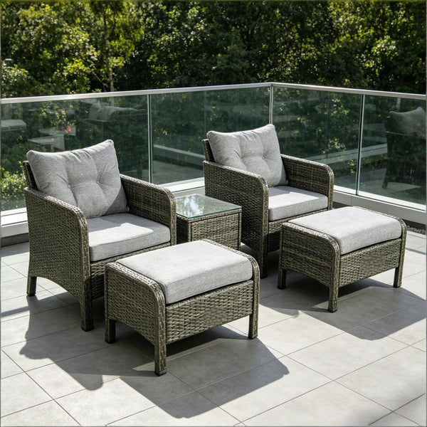 English Elm 5 Piece Pe Wicker Patio Lounge Set with Armchairs Ottomans and Glass Coffee Table T3971S00235