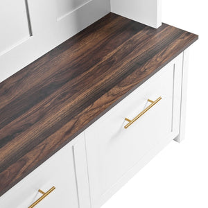 English Elm On-trend Entryway Hall Tree with Gold Hooks Bench Drawers and Shoe Cabinet Storage White N721S000056K-1
