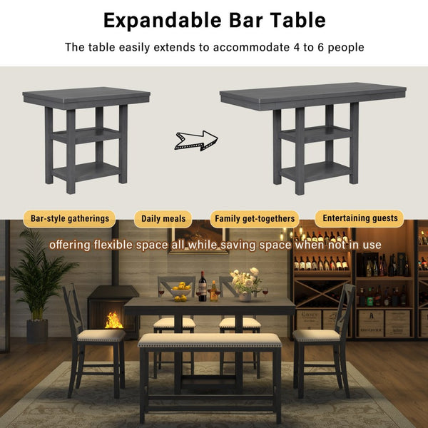 English Elm U_style Rubberwood Farmhouse Bar Table Set Expandable Crossback Chairs Bench Seating Grey WY000534AAE