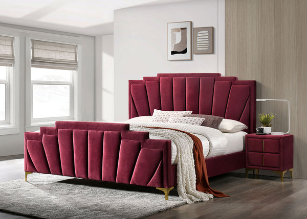 English Elm Glam Plush Flannelette Queen Bed with Shell Tufting and Padded Headboard on Metal Legs for Style Gold,Red 84 L x 26 W x 5 H B2741S00335