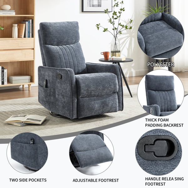 English Elm Blue Fabric Swivel Rocker Recliner with Massage Heat Nodes for Living Room Comfort Blue W1803P321823