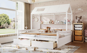 English Elm Double Twin House Bed Pine Wood Frame Kids Playhouse Bunk with Storage Drawers White W5305S00006
