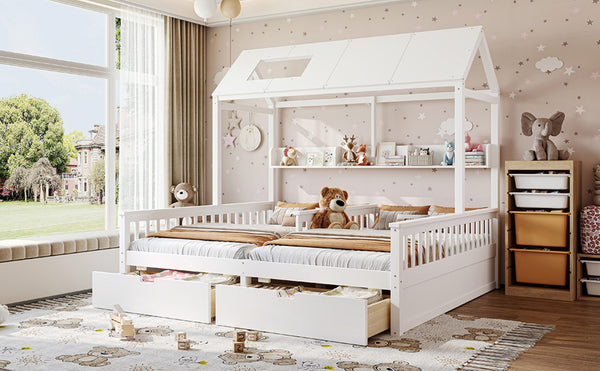 English Elm Double Twin House Bed Pine Wood Frame Kids Playhouse Bunk with Storage Drawers White W5305S00006