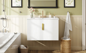 English Elm 30" Vintage Bathroom Vanity with Ceramic Sink — Wall-Mount MDF & Solid Wood Cabinet, Storage, Sleek Finish White N710P214100K