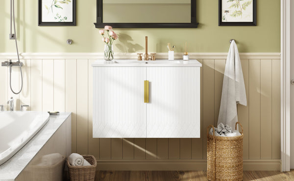 English Elm 30" Vintage Bathroom Vanity with Ceramic Sink — Wall-Mount MDF & Solid Wood Cabinet, Storage, Sleek Finish White N710P214100K