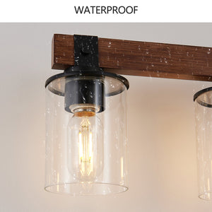 English Elm 50" Rustic 7-Light Vanity Light Black Iron & Wood Wall Sconce with Glass Shades for Farmhouse Bath W2312P374786