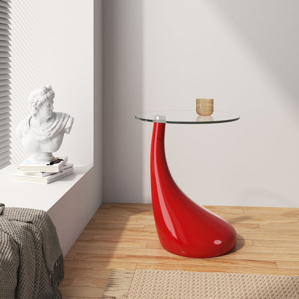 English Elm Lava Glass Top End Table with Curved Colorful ABS Base, Tempered Glass Accent for Living Room Red B365S00141