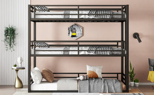 English Elm Twin Xl Triple Bunk Bed - Heavy-Duty Metal Frame With Guardrails & Noise-Reduced Design In Black W1580S00143-GIGA