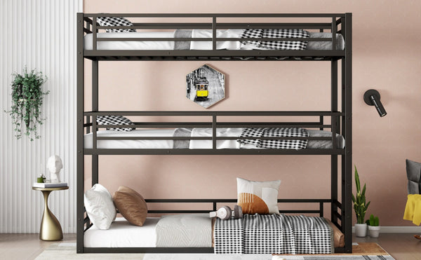 English Elm Twin Xl Triple Bunk Bed - Heavy-Duty Metal Frame With Guardrails & Noise-Reduced Design In Black W1580S00143-GIGA
