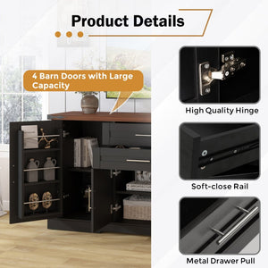 English Elm 63" Fluted Mdf Sideboard with Wood Tone Top Four Doors Three Drawers Dining Storage Black W2917S00012