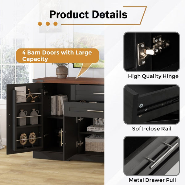 English Elm 63" Fluted Mdf Sideboard with Wood Tone Top Four Doors Three Drawers Dining Storage Black W2917S00012