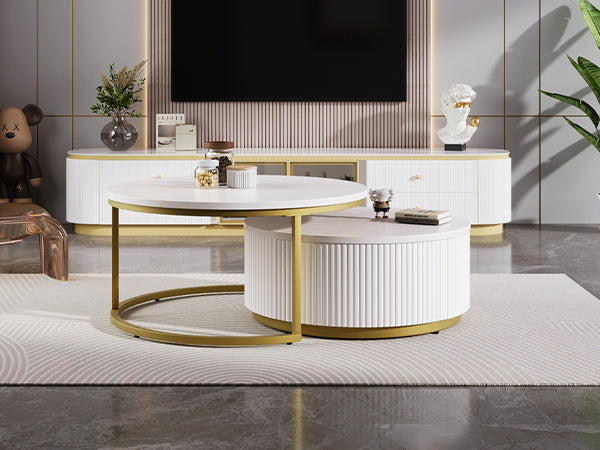 English Elm Modern Round Nesting Coffee Table Fluted with Drawer in Gold Finish — Elegant MDF Top, Space-Saving Design White N735P254992K