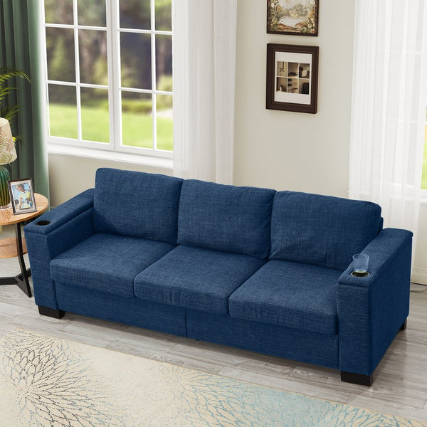 English Elm Two Two-Piece 5-Seater Sofa Set with Cup Holder & Storage, Polyester Upholstery, Solid Wood Frame, Coil Spring Seats, Removable Covers, Modern Square Arm Design for Living Room Comfort and Durability Blue W1097S00198