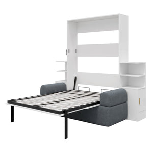 English Elm Full Size Murphy Bed System with Integrated Sofa and Storage Towers for Guest Rooms White+Gray LP000380AAE