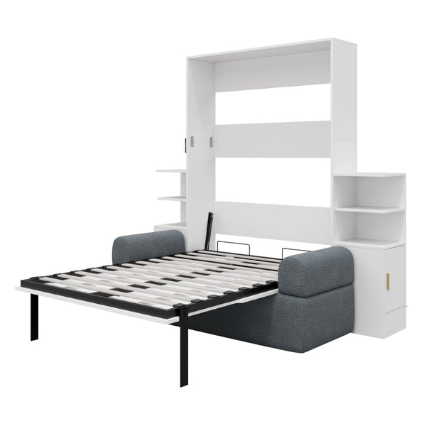 English Elm Full Size Murphy Bed System with Integrated Sofa and Storage Towers for Guest Rooms White+Gray LP000380AAE