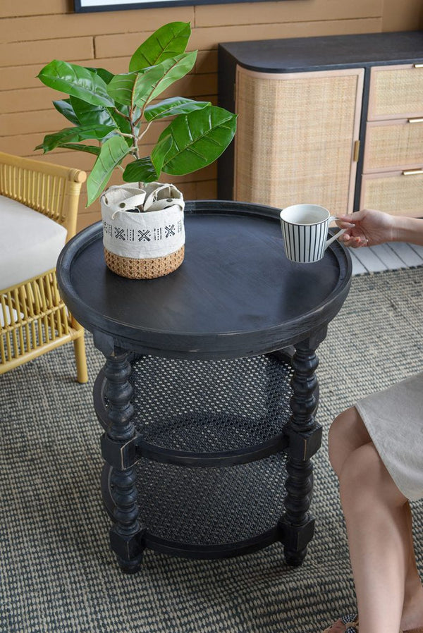 English Elm D23.5 Hilton Head Round Three-Tier Side Table with Rattan Shelves, Turned Legs, Black Finish W2078P231566