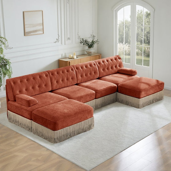 English Elm 4-seater Modular Sectional with Ottomans Tufted Fleece Sofa Tassel Skirt Retro Luxe Red+Brown W714S01727