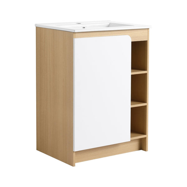 English Elm 24" Freestanding Vanity Light Oak Plywood Ceramic Sink Open Shelves Small Bath W3450P440612