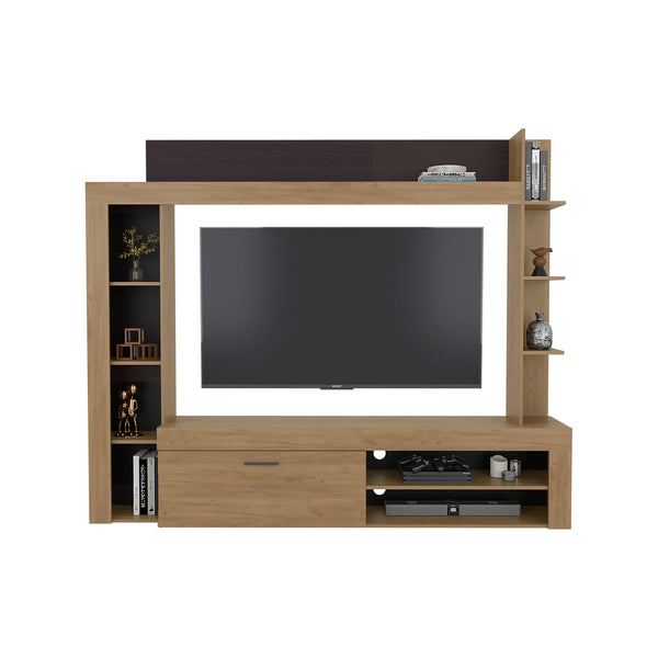 English Elm Entertainment Center 70" TV Stand with Shelves & Cabinets, Modern Natural Oak Beige, Scratch-Proof Design B128P387082