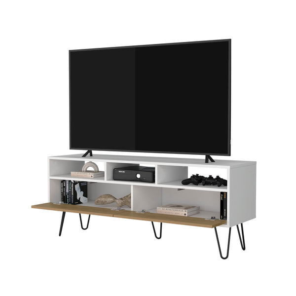English Elm Olds Mid-Century TV Stand with Hairpin Legs, 2 Doors & Open Shelves — White and Oak Finish B128P287515