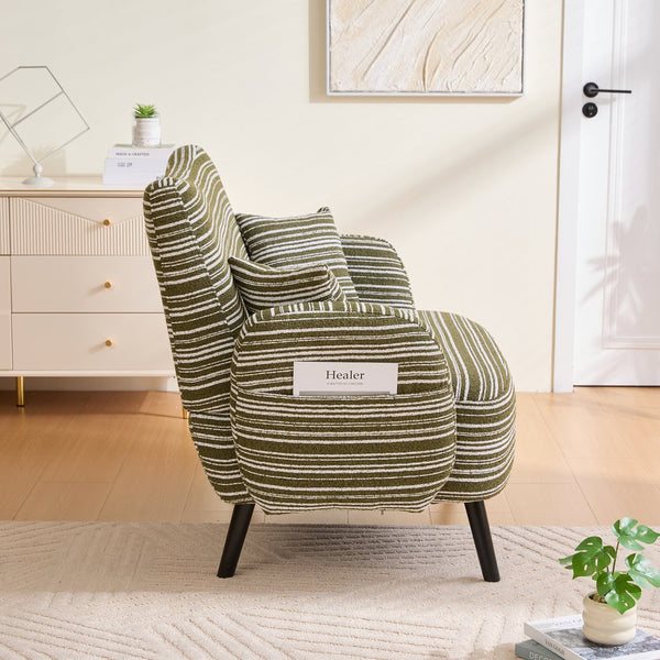 English Elm Modern tufted two-seater sofa with boucle upholstery, tapered legs, storage pockets, cozy compact design Olive Green W395P376589