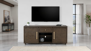 English Elm Transitional Vellara 70" TV Console Dark Walnut Finish Recessed Panels Gold Hardware, 70"W Stylish B2741P402569