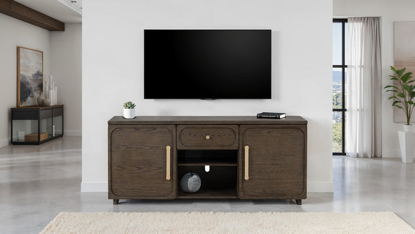 English Elm Transitional Vellara 70" TV Console Dark Walnut Finish Recessed Panels Gold Hardware, 70"W Stylish B2741P402569